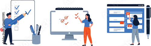 Three illustrations showing people interacting with digital planning and task management tools online