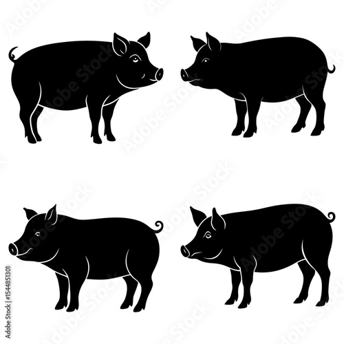 Four black silhouette pigs in various poses standing on a white background in a vector illustration