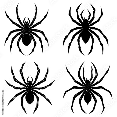 Four black spider silhouettes with detailed legs and bodies arranged on a white background in a square pattern
