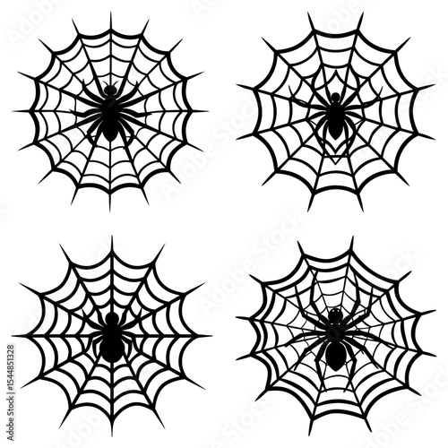 Four spider webs with spiders in the center in a black and white vector illustration style design element