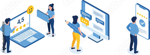 Isometric illustration of customer feedback and online communication with rating stars and review