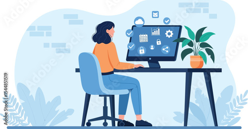 Illustration of a woman working on a computer with icons and a plant in a bright and airy room