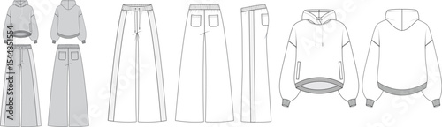 Women’s Sweatshirt with High-Low Hem, Ribbed Cuffs, and Drop Shoulder, paired with Wide-Leg Pants featuring Drawstring Waist and Pockets – Technical CAD Flat Sketch with Full Front and Back Views