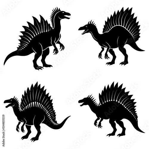 Four spinosaurus dinosaurs in black silhouette with distinctive back sails standing and looking around