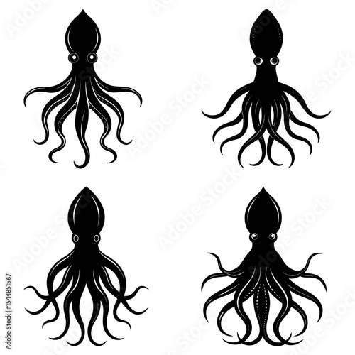 Four black squid illustrations with tentacles and prominent eyes on a white background display a marine theme