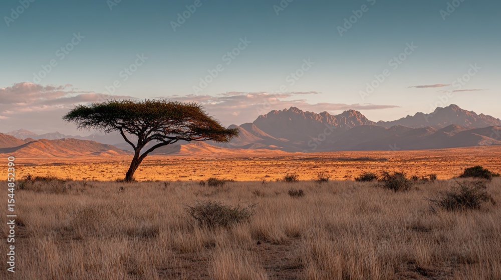 Fototapeta premium A tranquil grassland scene with a lone tree on a flat ground and mountains in the background reflects natural beauty and tranquility, perfect for travel advertisements or posters.