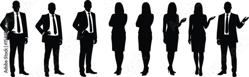 Business professionals standing, silhouette of men and women in formal attire, team collaboration concept, leadership, office staff, corporate meeting, success, communication, 