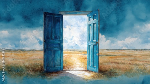 Open Blue Door to a Bright Landscape