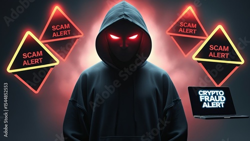 Mysterious figure in a dark hoodie warning about crypto scams, with glowing alerts in a dramatic, tech-inspired atmosphere.