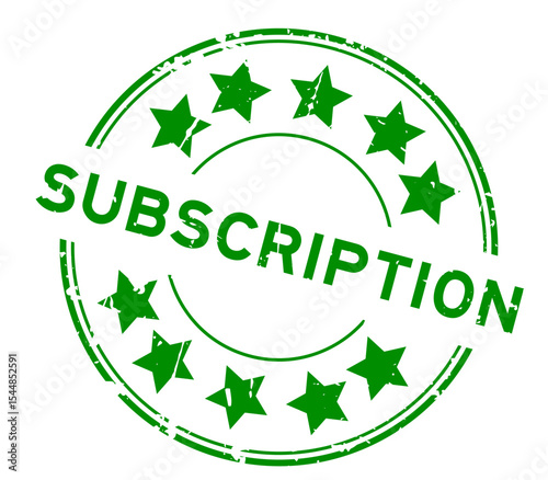 Grunge green subscription word with star icon round rubber seal stamp on white background