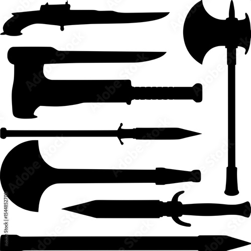 "A comparative silhouette study of weapons from different historical eras—ancient to modern—displayed in equal size and spacing, highlighting the evolution of form over time."




