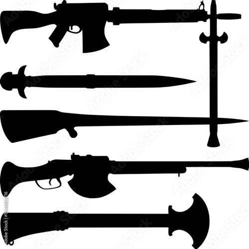 "A comparative silhouette study of weapons from different historical eras—ancient to modern—displayed in equal size and spacing, highlighting the evolution of form over time."




