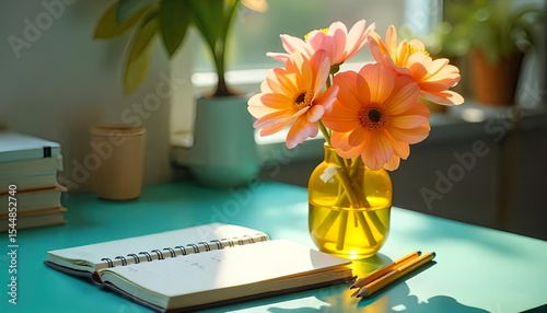 Yellow Vase of Pastel Flowers with Notebook and Pencils on Teal Desk