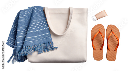Beach bag with towel, flip-flops and sunscreen visible, flat lay, white background, PNG 