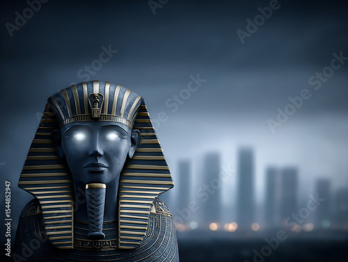 close-up of a colossal ancient stone statue head with intricate gold headdress featuring hieroglyphs