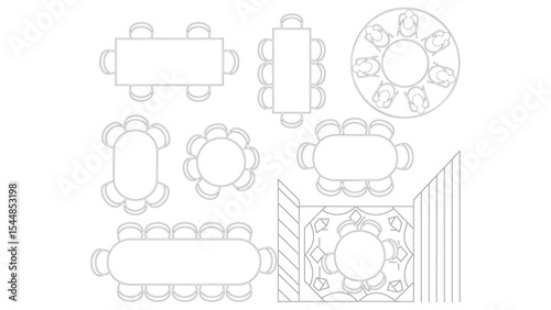Overhead vector illustration of banquet and dining table arrangements