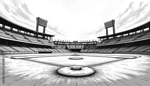 Black white baseball stadium illustration shows empty field, stands, scoreboard. Low angle view offers dramatic perspective of ballpark. Drawing, graphic design of sport arena, classic event venue.