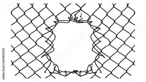 Bold black chain link fence with ripped wire hole