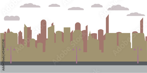 Urban skyline silhouette featuring modern buildings, streetlights, and clouds in soft gray tones—ideal for minimalist city-themed creative projects.