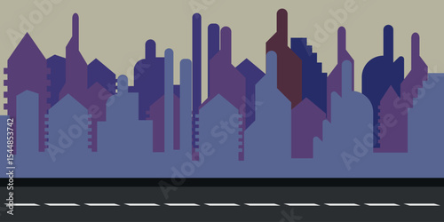 Stylized cityscape with geometric blue and purple buildings, a beige sky, and dashed road lines—ideal for modern urban, travel, or architectural themes.
