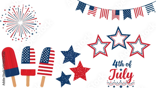Patriotic themed clip art featuring flags stars fireworks and popsicles