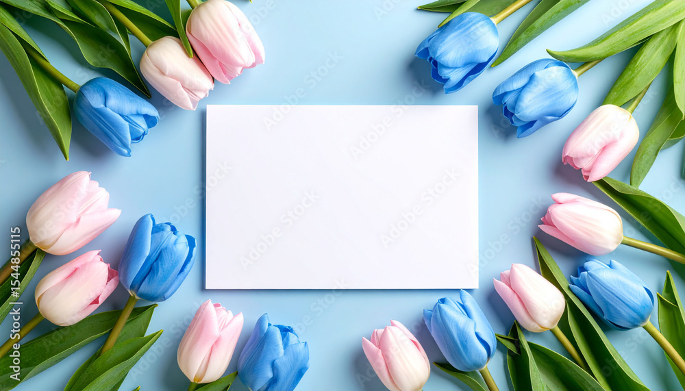 Fototapeta premium Pusta kartka z tulipanami niebieskimi różowymi mockup wiosenny