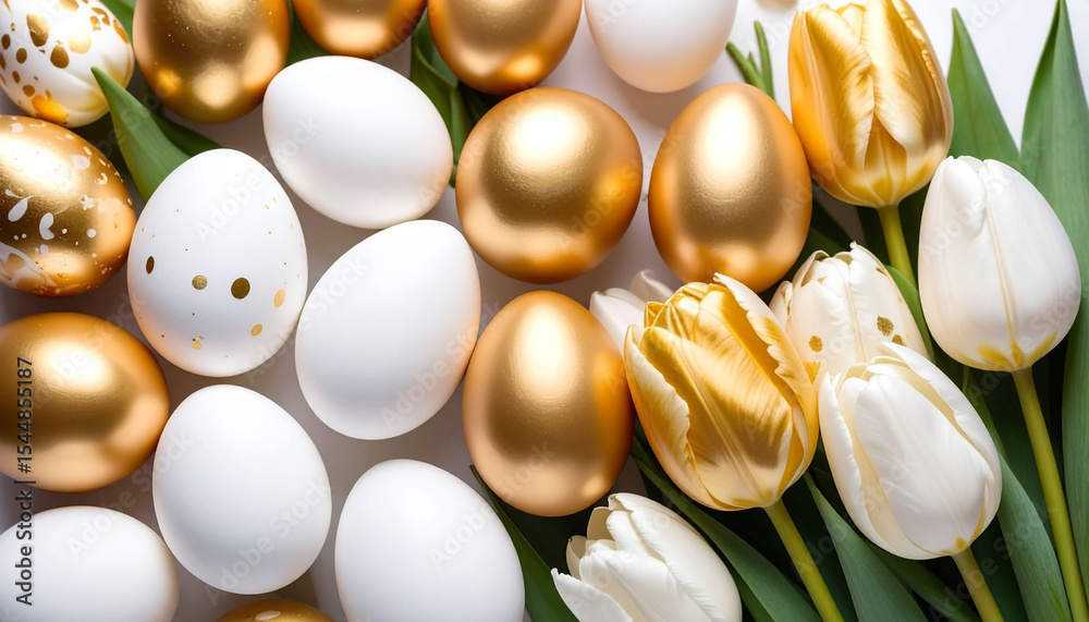 Naklejka premium Tło wielkanocne złote jajka i tulipany