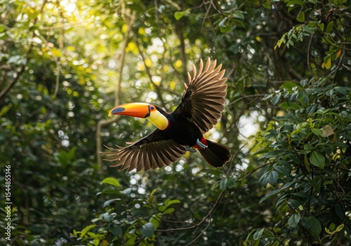 Colorful toucan flying through lush green rainforest with sunlight filtering through trees