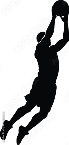 Basketball player silhouette jumping for slam dunk, athlete in action, high jump sports figure, isolated black vector design, competitive basketball movement, dynamic athletic posture, sports concept