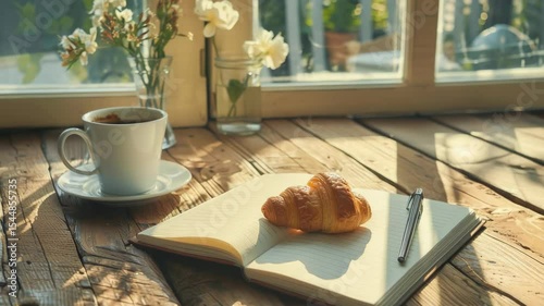 Coffee croissant and notebook on wooden table