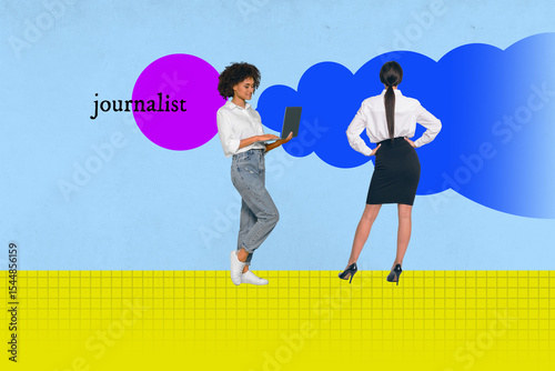 Banner 3d image pop vertical collage of two happy girl guy stand reportage news correspondent journalism occupation interview