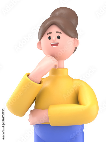 3D illustration of Asian woman Angela surrounded by question marks.Transparent Background Mockup.Supports PNG files with transparent backgrounds.