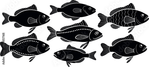 Elegant Collection of Black and White Fish Illustrations A Study in Contrasting Designs and Aquatic Life Depictions