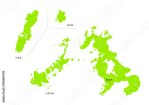 日本の長崎県の行政区分付き地図
