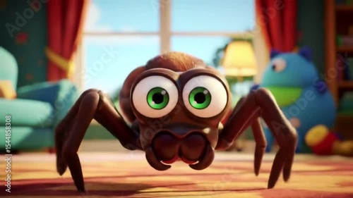 A cartoon spider with big green eyes crawling on a colorful rug in a brightly lit room setting