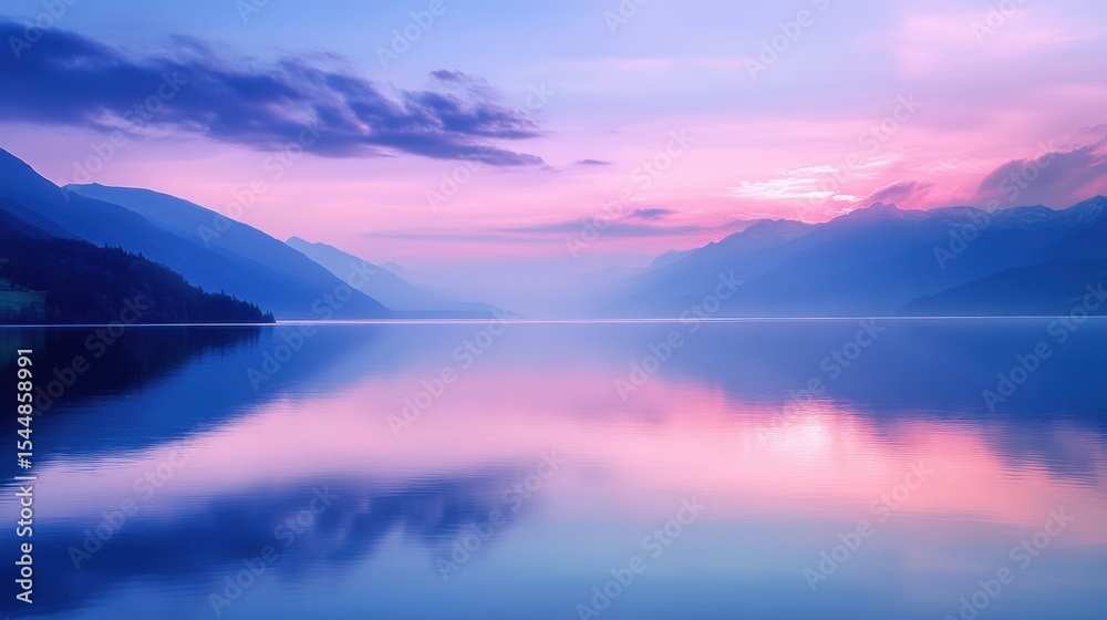 Fototapeta premium Serene Sunset Over Calm Lake and Mountains
