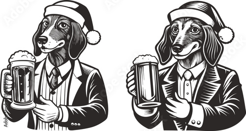 Dachshund dog wearing Santa hats holding beer steins Christmas cheer vector illustration 