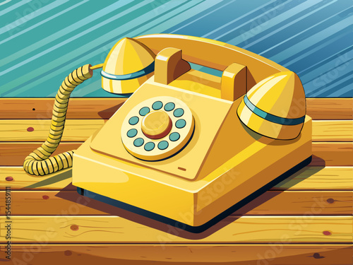 vector of Yellow landline phone on wooden table...white and yellow background.