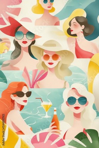 A colorful illustration of stylish women enjoying summer by the pool, complete with sunglasses and tropical elements.