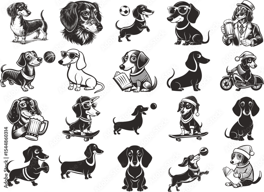 Obraz premium Dachshunds Dog Collection in Various Poses and Activities Engaging in Fun Activities Black And White Silhouette Vector Art Illustration