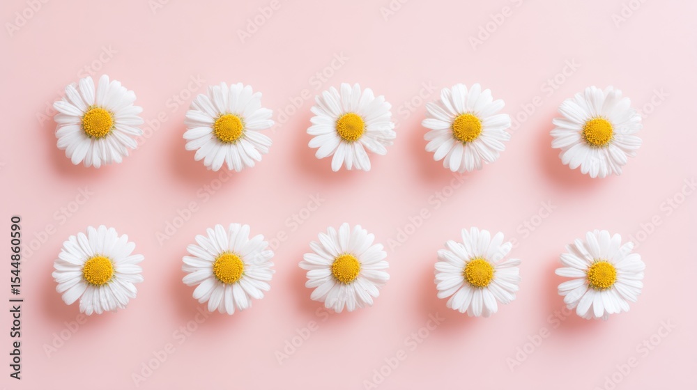 Fototapeta premium Neatly arranged daisy flowers in two horizontal rows against a soft pink background, white petals radiating from bright yellow centers, symmetrical pattern, simple and clean composition.