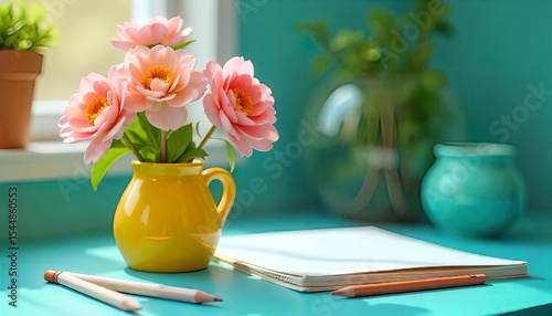Pastel Blooms in a Yellow Vase on a Teal Desk with Stationery