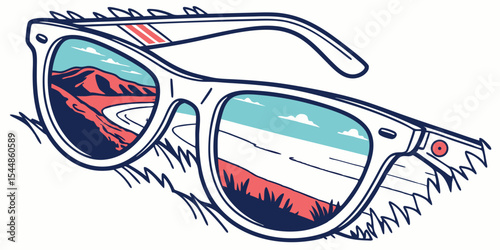 Illustration of sunglasses reflecting a landscape with mountains and a body of water scene view