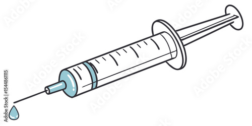 Illustration of a syringe with a needle and a drop of liquid hanging from the tip of the needle