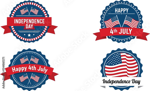 Four independence day themed badges with flags and patriotic messages