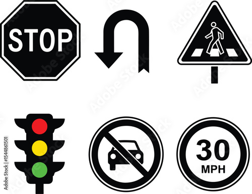 Bold black road sign icons stop sign, U-turn, pedestrian crossing, traffic light