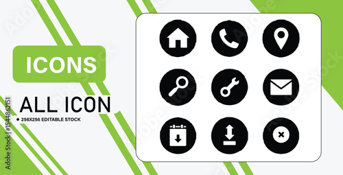 Collection of Nine Black and White Vector Icons on a White Background
