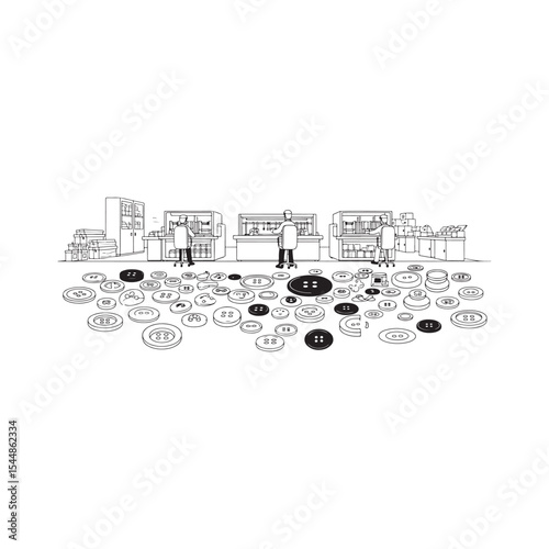 Factory Workers Manufacturing Buttons Scattered Buttons Workplace