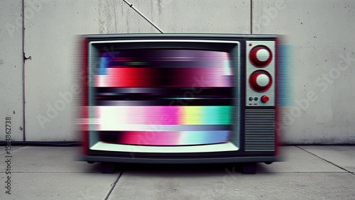 Distorted TV static overlay on grunge concrete texture, retro glitch background for 90s nostalgia merch or experimental album covers