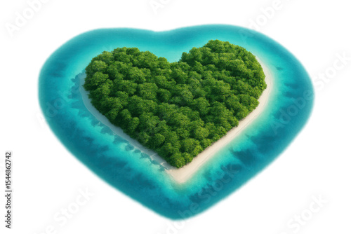 Verdant foliage carpeting heart-shaped landmass, nestled within pristine turquoise waters, embodying romantic tropical paradise against transparent backdrop